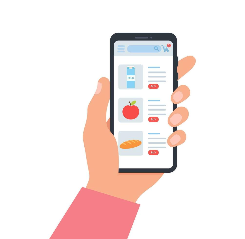 bestellen met smartphone, boodschappen doen online concept. boodschappen doen online gebruik makend van mobiel telefoon. hand- Holding telefoon met mobiel app bestellen voedsel online website. vector