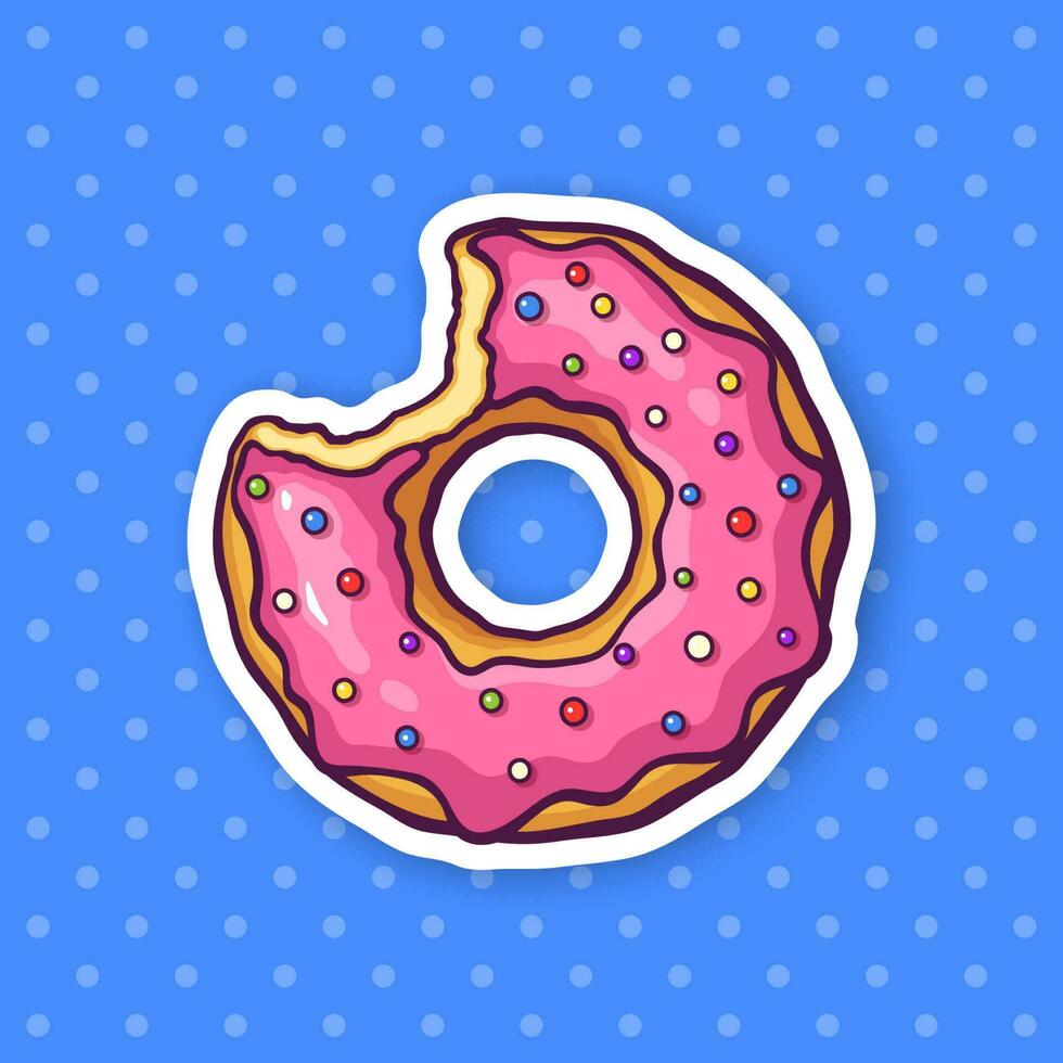 sticker van gebeten donut met roze glazuur en gekleurde poeder vector