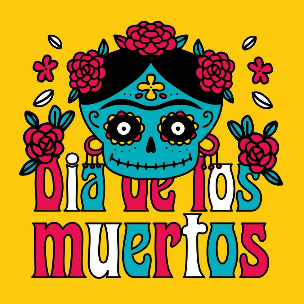 dia de los Muertos viering groet kaart met schattig tekenfilm vrouw calavera suiker schedel , bloemen hand- getrokken in traditioneel stijl. tekst vertaling - dag van de dood. vector tekening illustratie.