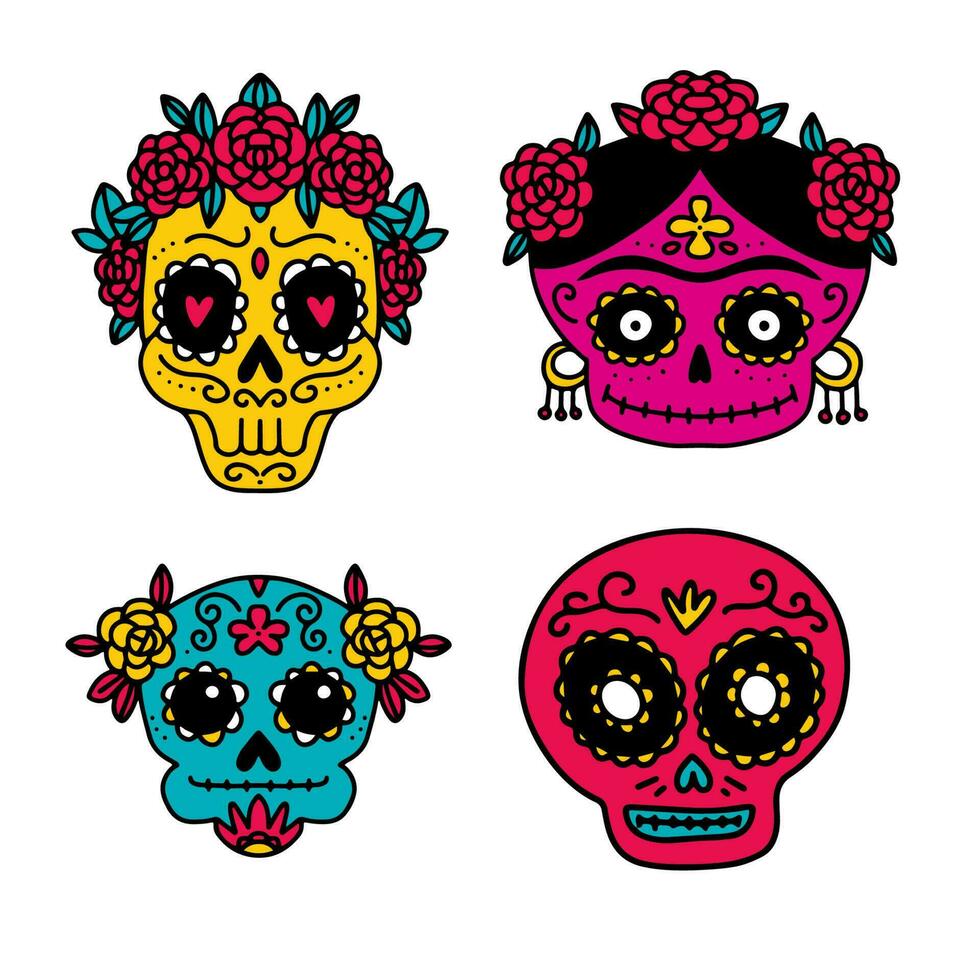 Mexicaans dia de los Muertos - dag van de dood - suiker schedels set. schattig hoofden met bloemen. gemakkelijk vector illustratie in tekening hand- getrokken stijl.