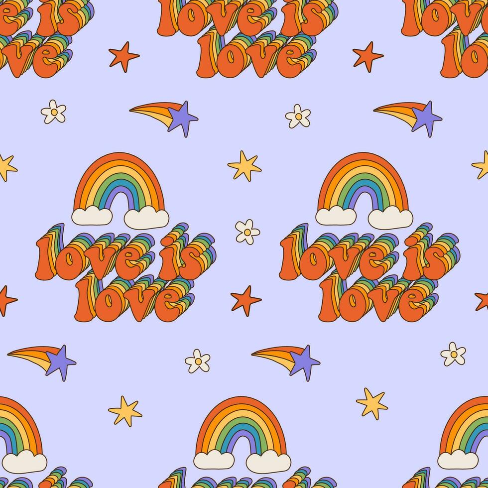 liefde is liefde - trots maand naadloos patroon met regenboog tekst in lgbtq gemeenschap vlag kleuren. kleurrijk jaren 70 stijl vector herhalen.