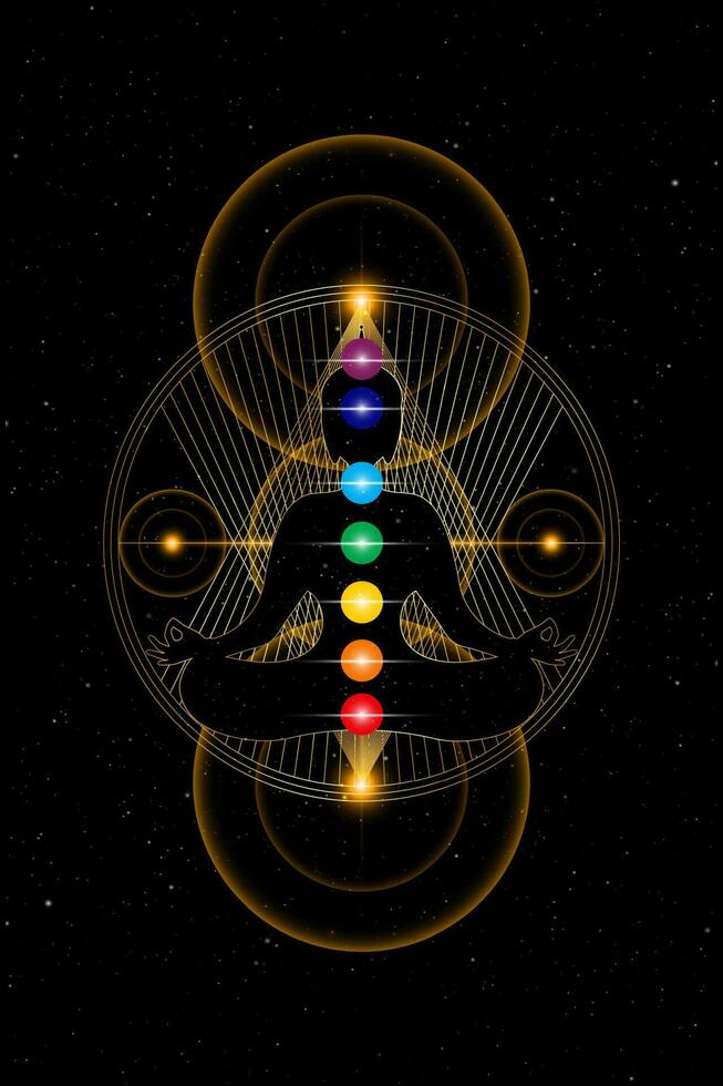 Boeddha over- goud heilig geometrie met kleurrijk chakra's. zeven chakra's, energie lichaam en yogi mediteren in de lotus positie. vector geïsoleerd Aan gloeiend sterrenhemel zwart achtergrond