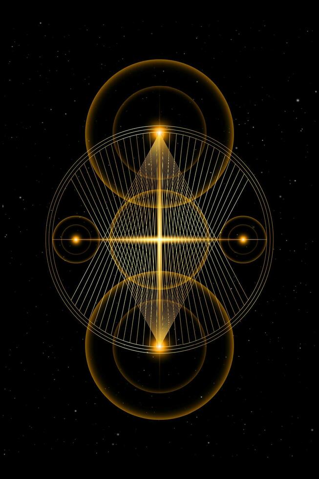 planetair heilig geometrie, goud lijnen overlappen, driehoeken vorm Aan cirkels. banen van energie cirkel. alchimie, magie, esoterisch, occultisme symbolen. gouden goddelijk kruis, vector geïsoleerd, zwart achtergrond