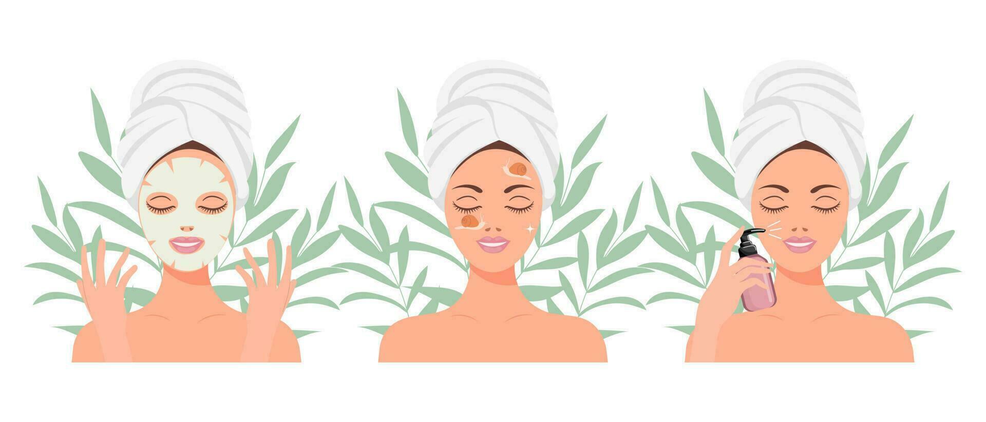 gelaats huid zorg. een vrouw duurt zorg van haar huid. kunstmatig maskers, pleisters, room, lotion, zeep, gezicht mousse. klem kunst set, vector