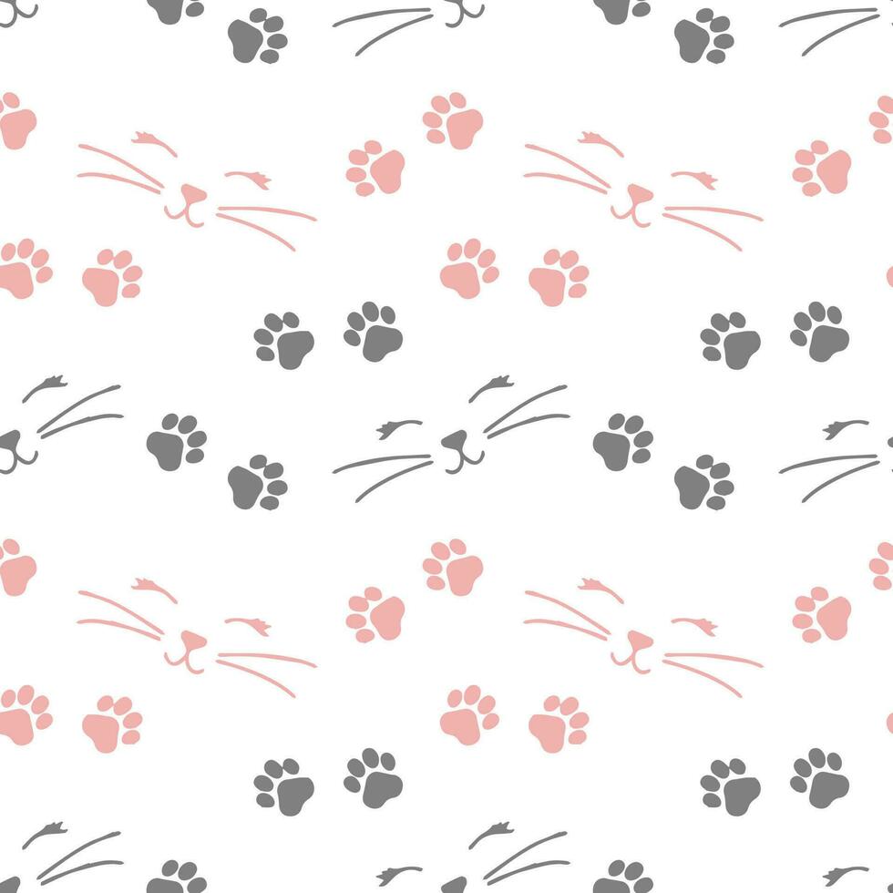 naadloos patroon, kat gezichten en poot prints Aan een wit achtergrond. afdrukken, achtergrond, kinderen textiel, behang, vector