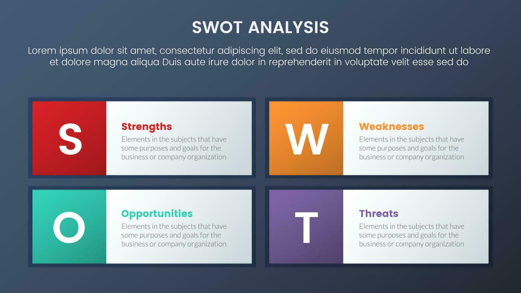 swot analyse concept met plein lang rechthoek doos symmetrisch voor infographic sjabloon banier met vier punt lijst informatie vector