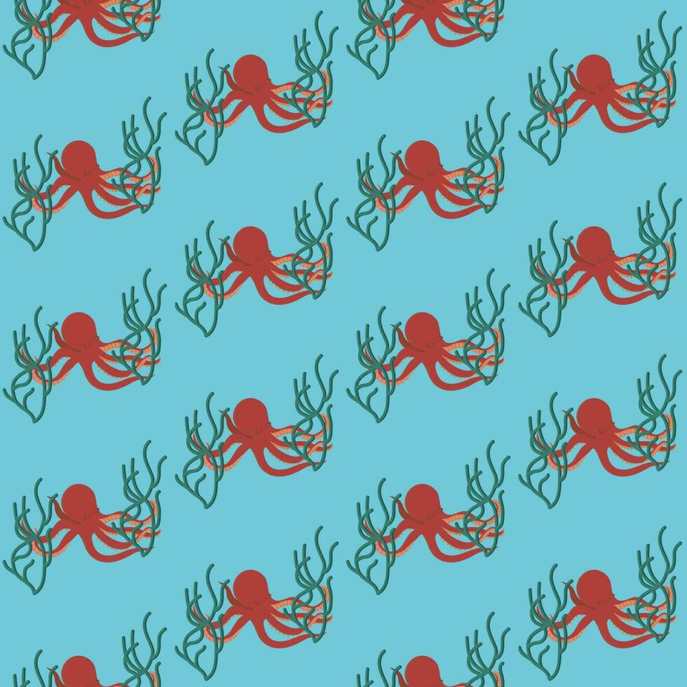 oranje Octopus met zeewier in tekenfilm stijl. naadloos patroon. vector illustratie.