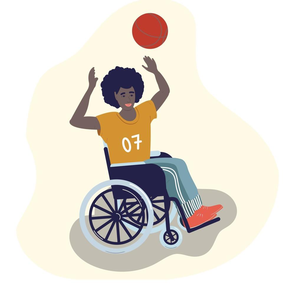 een zwarte gehandicapte man speelt basketbal in een rolstoel. werelddag van mensen met een handicap. paralympische sporten. mensen met een handicap. vector illustratie