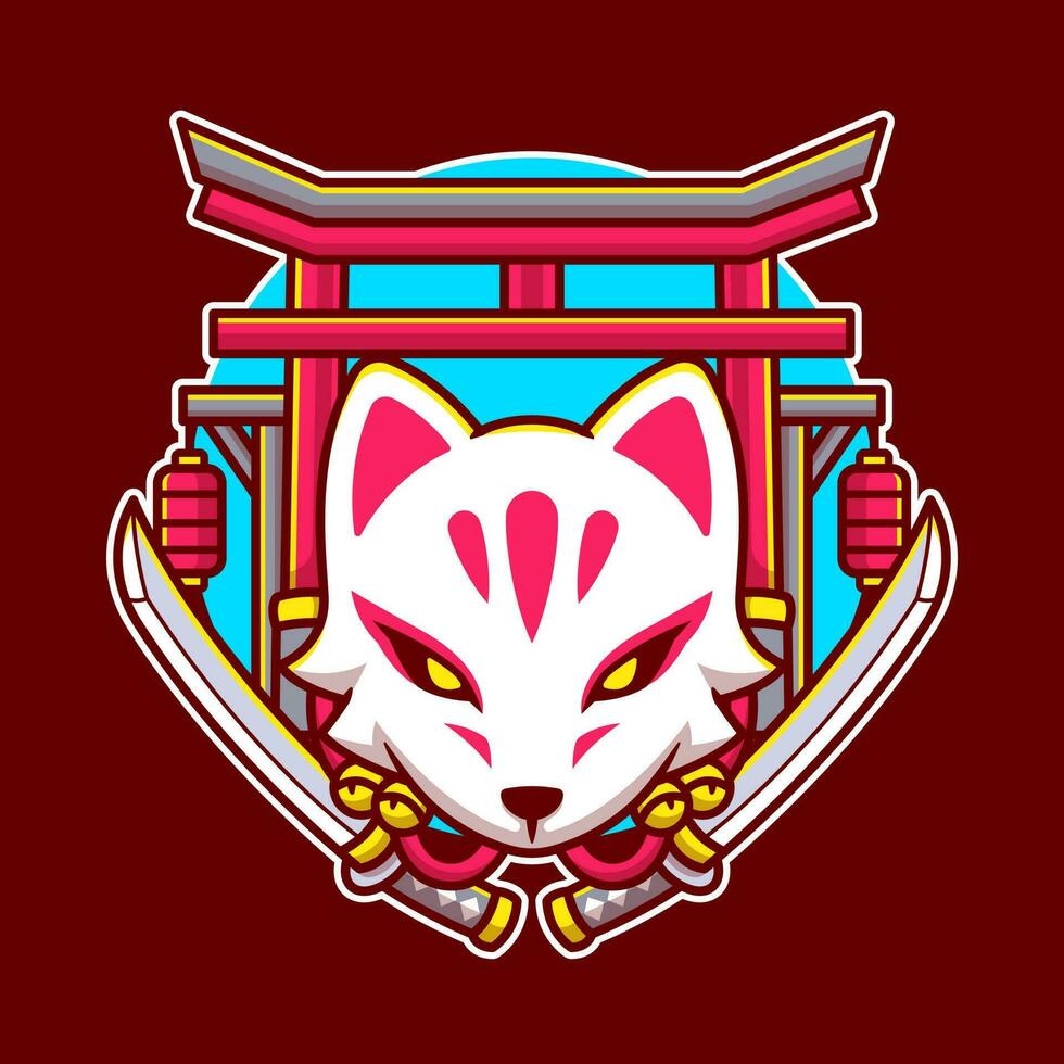 schattig kitsune met zwaard tekenfilm vector icoon illustratie kunst dier icoon concept geïsoleerd premie vector. vlak tekenfilm stijl