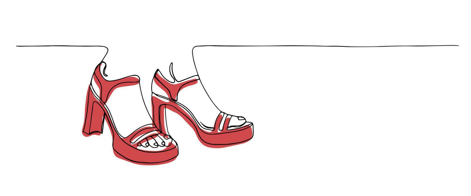 doorlopend trek een lijn Dames schoenen icoon. dame hoog hiel- sandalen schets. mode schoen ontwerp. elegant vrouwen schoen met gekleurde vlak achtergrond. vector illustratie met single lijn tekening