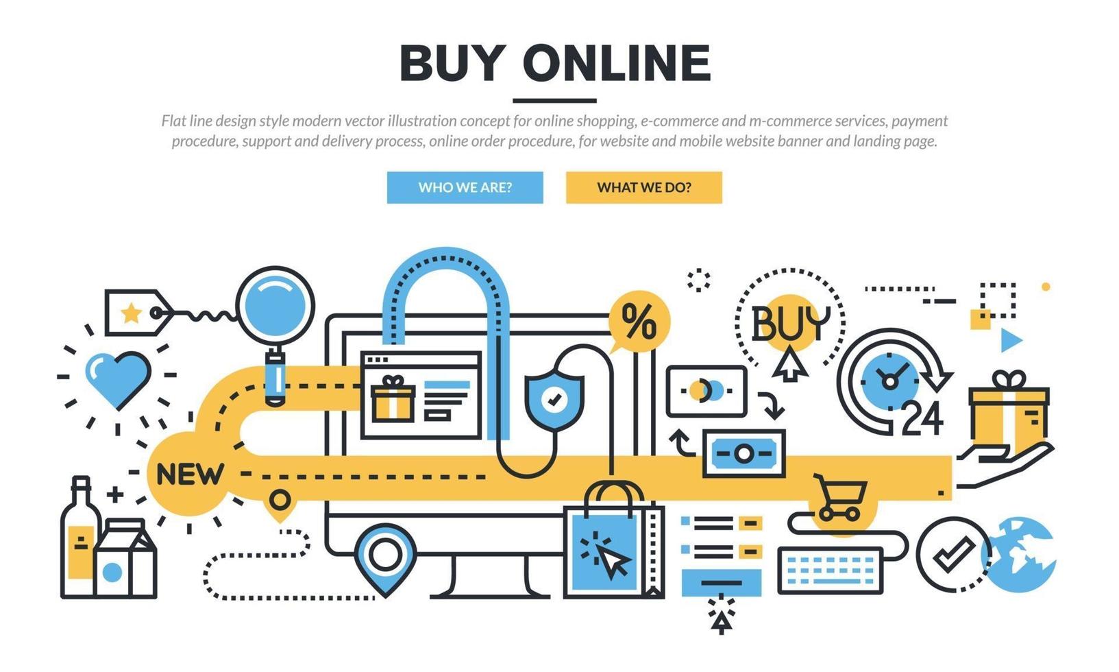 platte lijn ontwerp stijl moderne vector illustratie concept voor online winkelen, e-commerce en m-commerce diensten, betalingsprocedure, ondersteuning en leveringsproces, online bestelprocedure.