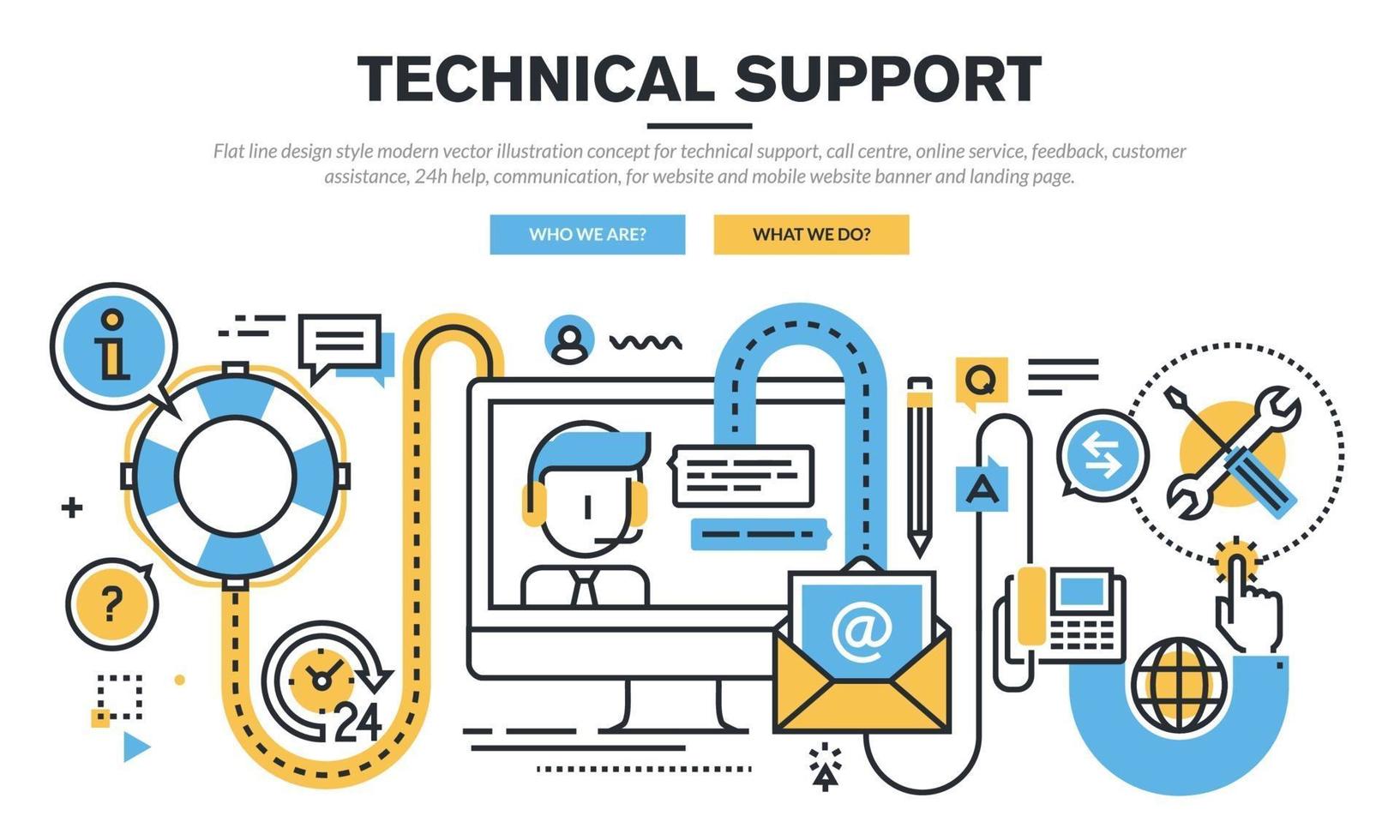 platte lijn ontwerpstijl moderne vector illustratie concept voor technische ondersteuning, callcenter, online service, feedback, klantenondersteuning, 24-uurs hulp, communicatie, voor website en mobiele website-banner en bestemmingspagina.