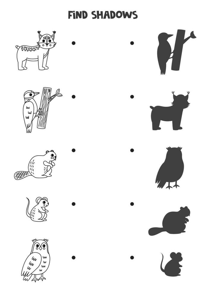vind de correct schaduwen van zwart en wit bos- dieren. logisch puzzel voor kinderen. vector