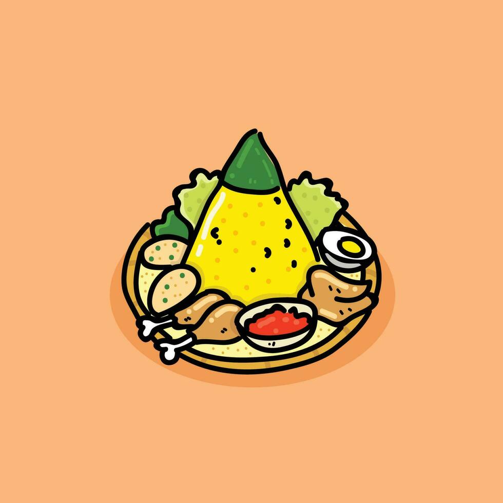 kurkuma rijst- of nasi kuning compleet met eieren, aardappel cakes of perkedel, kip, groenten en Chili saus met een room achtergrond vector illustratie ontwerp