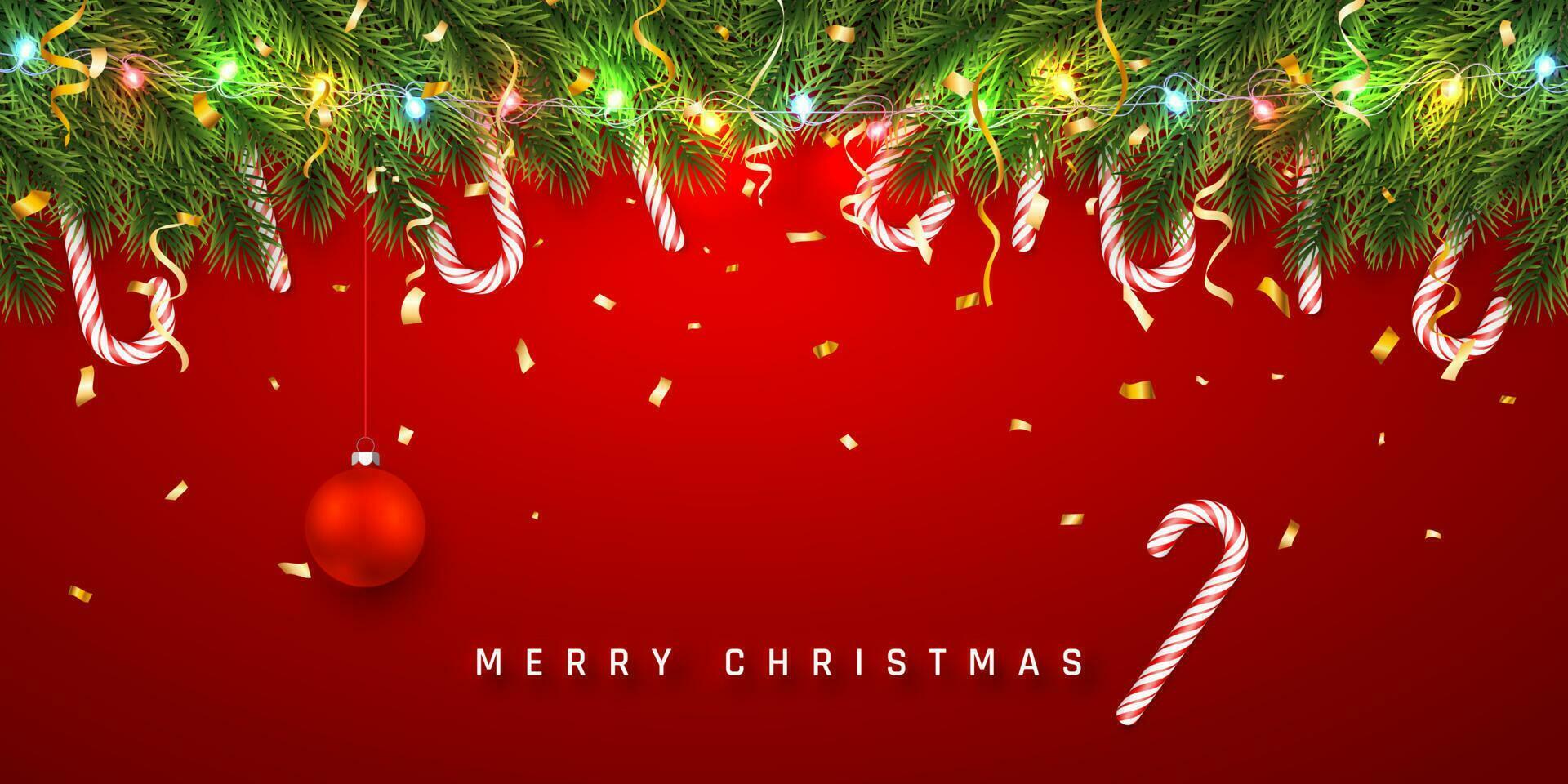 feestelijk Kerstmis of nieuw jaar achtergrond. Kerstmis boom takken met snoep riet en licht guirlande. vakantie achtergrond. vector illustratie