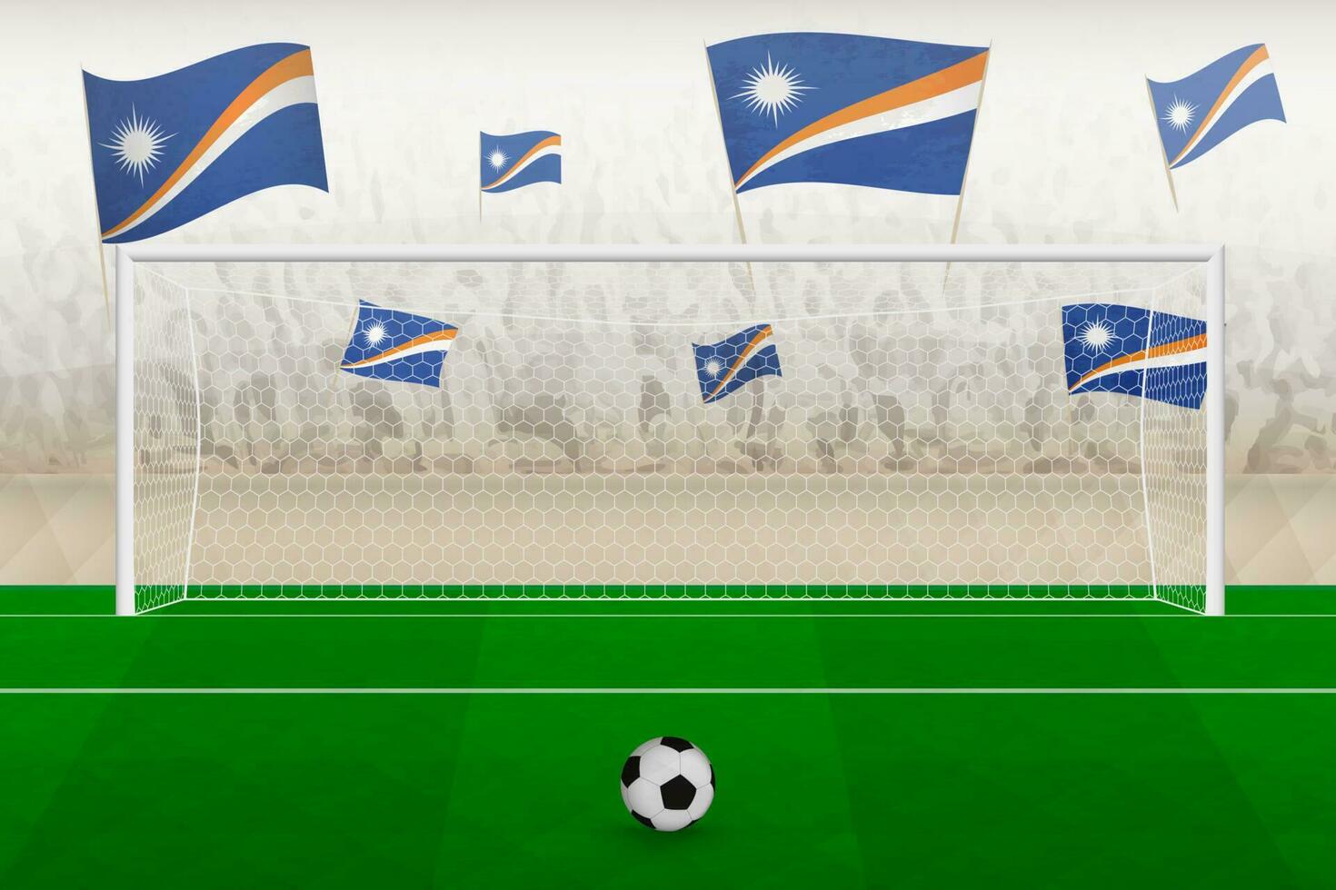 maarschalk eilanden Amerikaans voetbal team fans met vlaggen van maarschalk eilanden juichen Aan stadion, straf trap concept in een voetbal wedstrijd. vector