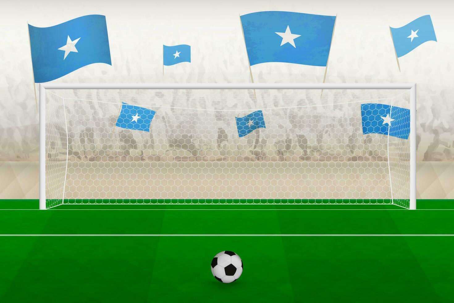 Somalië Amerikaans voetbal team fans met vlaggen van Somalië juichen Aan stadion, straf trap concept in een voetbal wedstrijd. vector