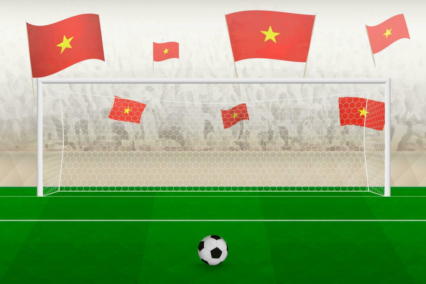 Vietnam Amerikaans voetbal team fans met vlaggen van Vietnam juichen Aan stadion, straf trap concept in een voetbal wedstrijd. vector