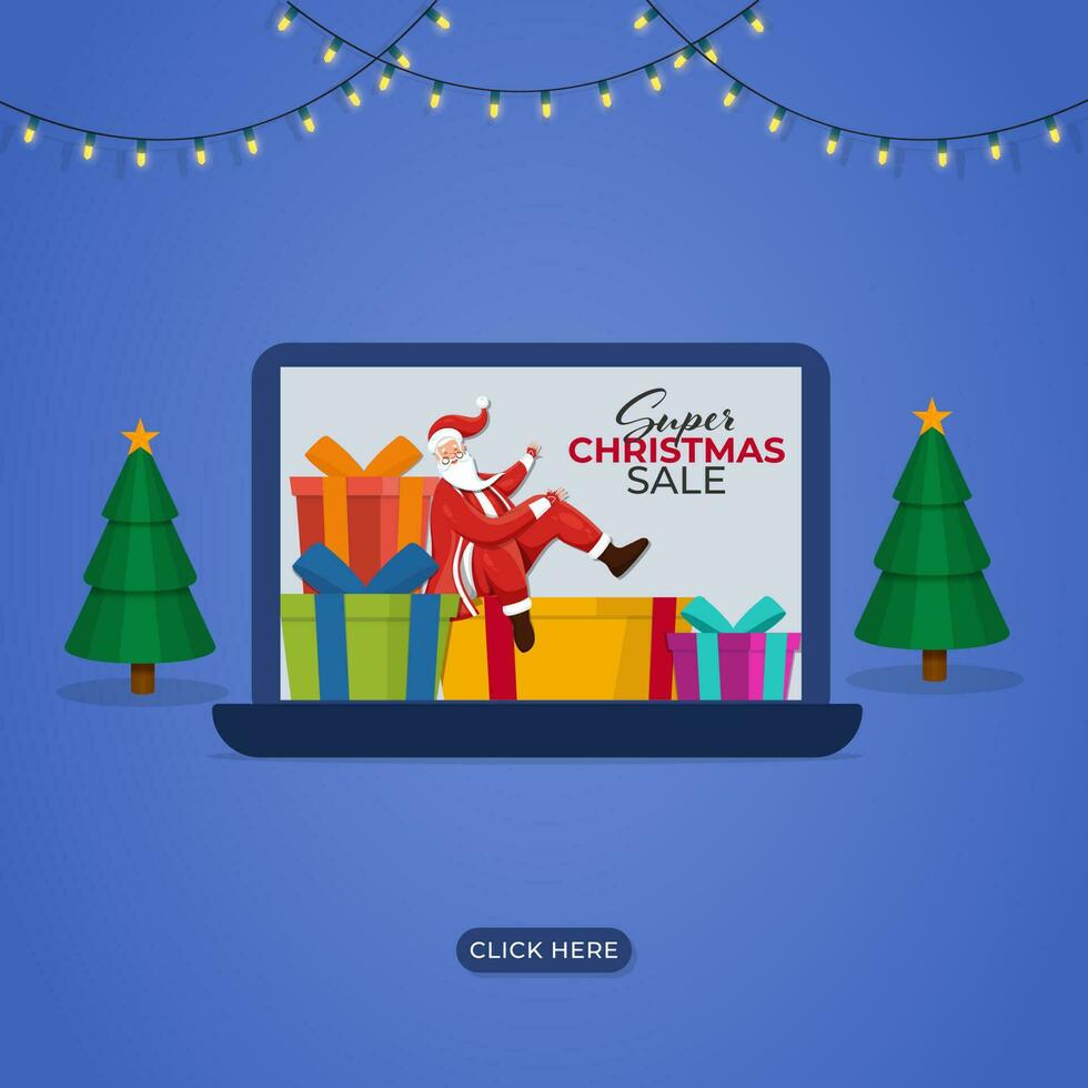 Kerstmis super uitverkoop in laptop met de kerstman claus, geschenk dozen, Kerstmis bomen en verlichting slinger Aan blauw achtergrond. reclame poster ontwerp. vector