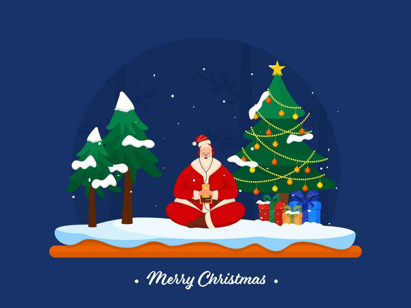 illustratie van de kerstman claus luister naar muziek- van koptelefoon met smartphone, decoratief Kerstmis bomen en geschenk dozen voor vrolijk Kerstmis viering. vector