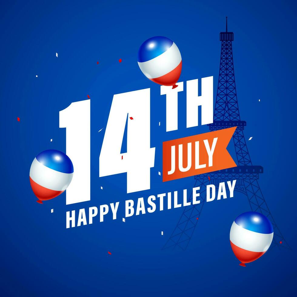 14e juli, gelukkig Bastille dag tekst met Frankrijk vlag kleur ballonnen en eiffel toren monument Aan blauw achtergrond. vector