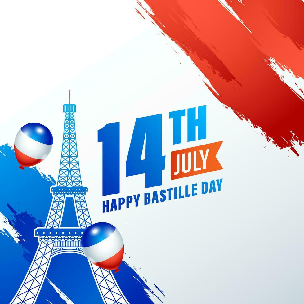 sticker stijl eiffel toren met glanzend ballonnen, rood en blauw borstel beroerte effect Aan wit achtergrond voor 14e juli gelukkig Bastille dag concept. vector