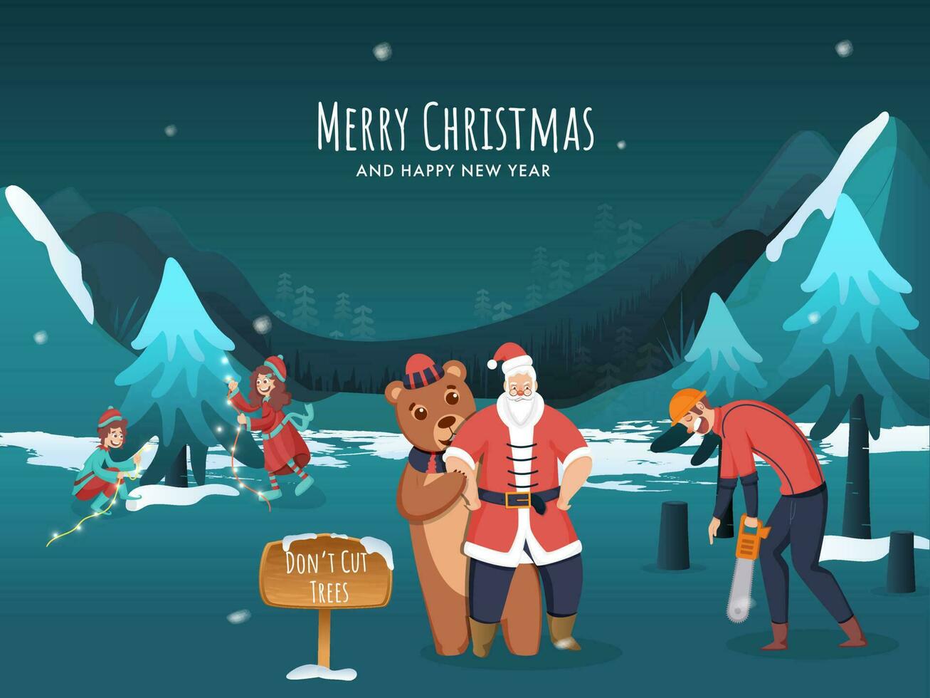 illustratie van de kerstman claus met beer, kinderen versierd Kerstmis boom, houthakker karakter en niet doen besnoeiing bomen uithangbord Aan sneeuw landschap achtergrond voor vrolijk Kerstmis en nieuw jaar. vector