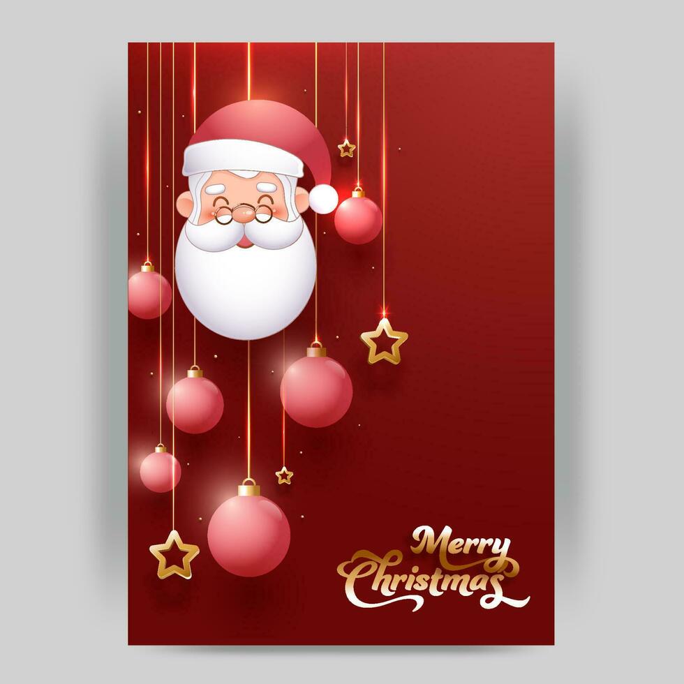 gouden vrolijk Kerstmis doopvont met tekenfilm de kerstman gezicht, hangende sterren en realistisch kerstballen Aan rood achtergrond. vector