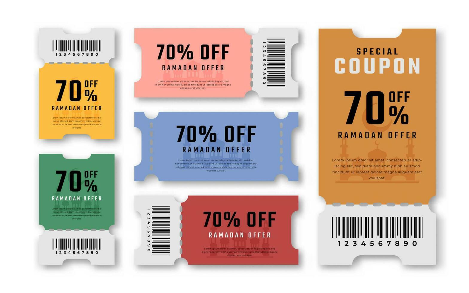 Ramadan uitverkoop coupon korting tegoedbon 70 procent uit voor promo code, winkelen, afzet en het beste promo kleinhandel prijzen vector illustratie