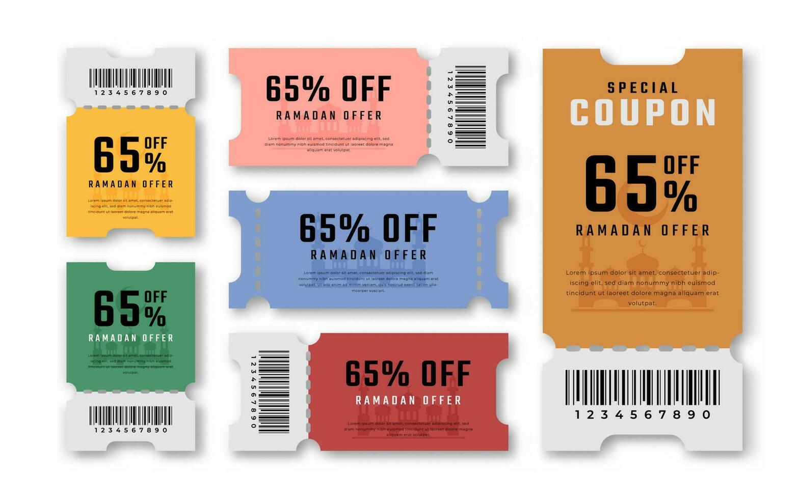 Ramadan uitverkoop coupon korting tegoedbon 65 procent uit voor promo code, winkelen, afzet en het beste promo kleinhandel prijzen vector illustratie