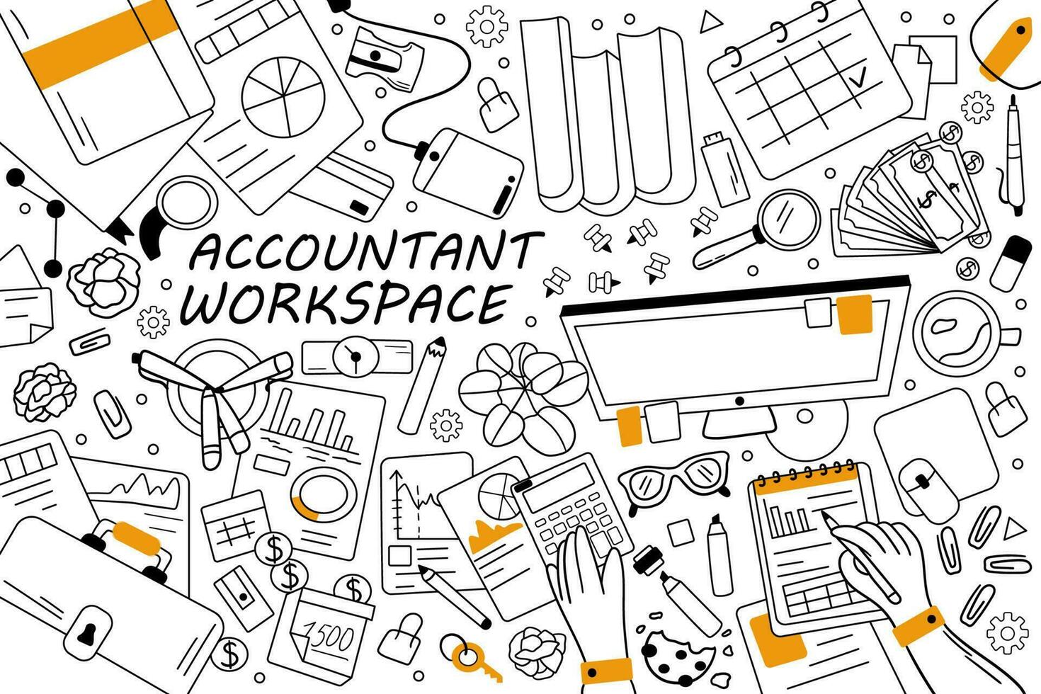 accountant werkruimte tekening set. verzameling van hand- getrokken schetsen Sjablonen patronen van financiën bedrijf accounting werken apparatuur. financieel bezetting gegevens analyse en roi en geld groei. vector