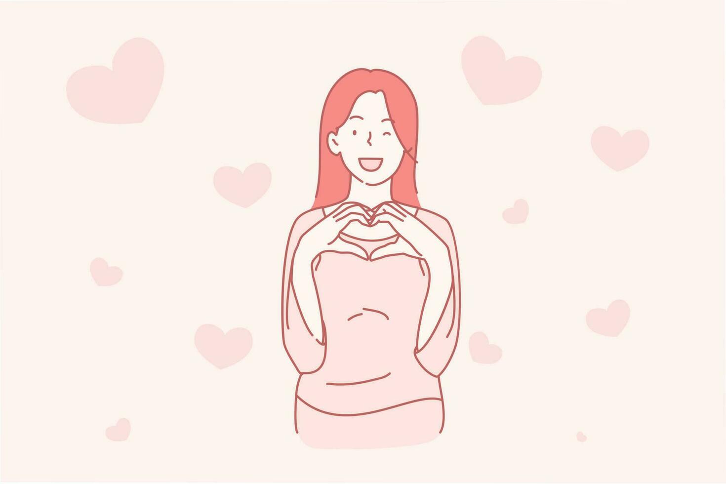 liefde, valentijnsdag dag concept. jong mooi romantisch vrouw maken hart vorm met haar vingers. glimlach gezicht meisje slijtage levensstijl. tekenfilm vlak ontwerp geïsoleerd vector illustratie