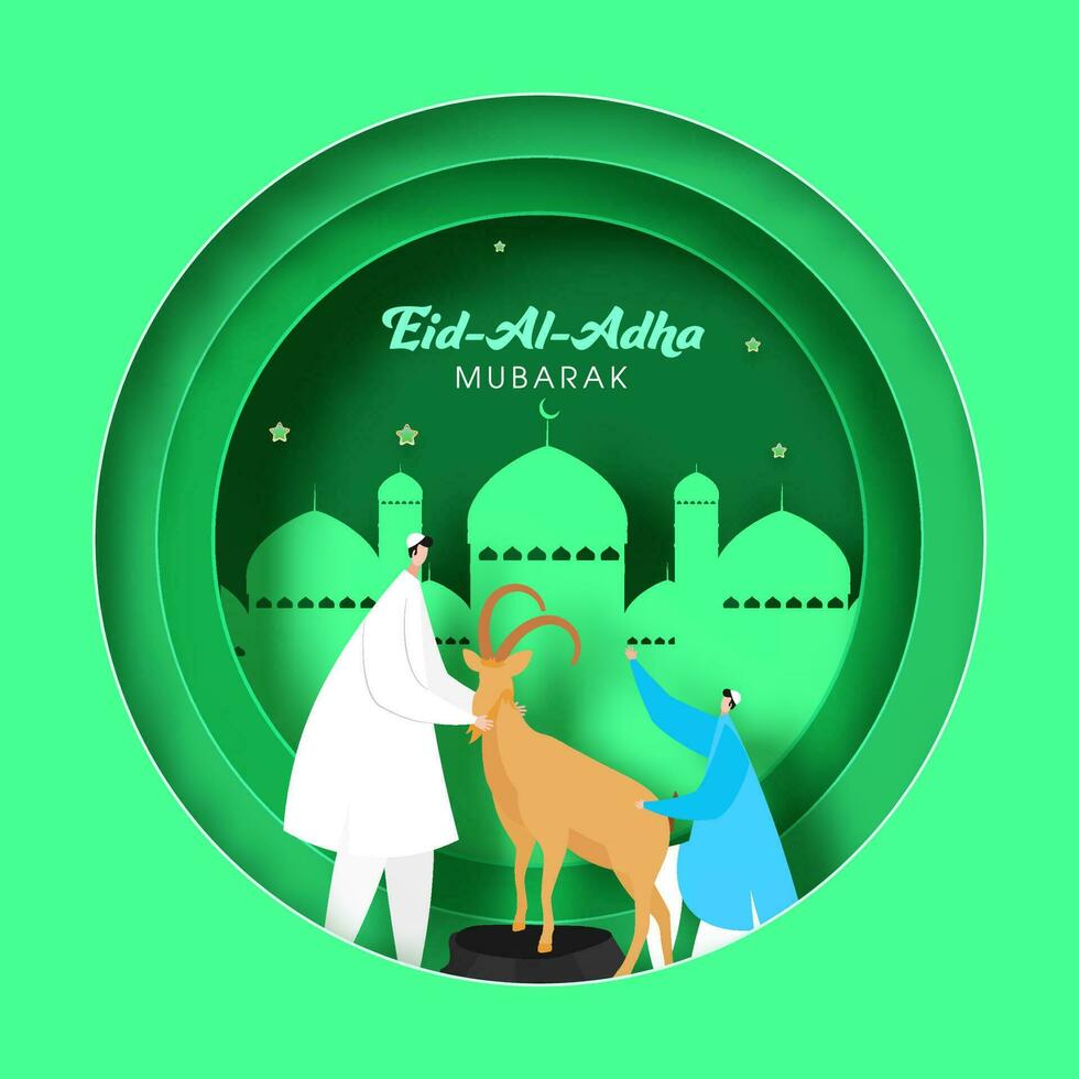 groen papier besnoeiing circulaire vorm achtergrond met moskee en moslim mannen Holding een bruin geit Aan de gelegenheid van eid-al-adha mubarak. vector