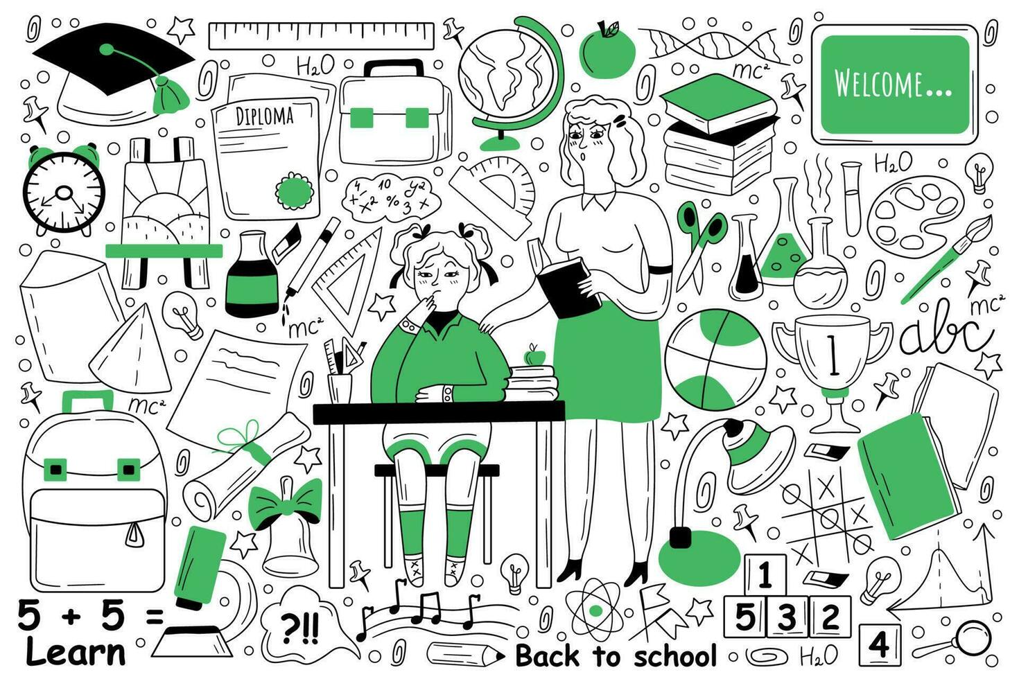 onderwijs tekening set. verzameling van hand- getrokken schetsen Sjablonen van mensen aan het leren aan het studeren onderwerpen Bij college of Universiteit met docent. terug naar school- en krijgen kennis illustratie. vector