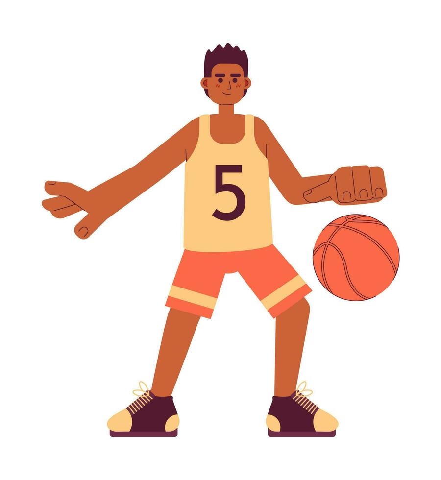 basketbal speler semi vlak kleurrijk vector karakter. Afrikaanse Amerikaans sportman dribbelen met basketbal. bewerkbare vol lichaam persoon Aan wit. gemakkelijk tekenfilm plek illustratie voor web grafisch ontwerp