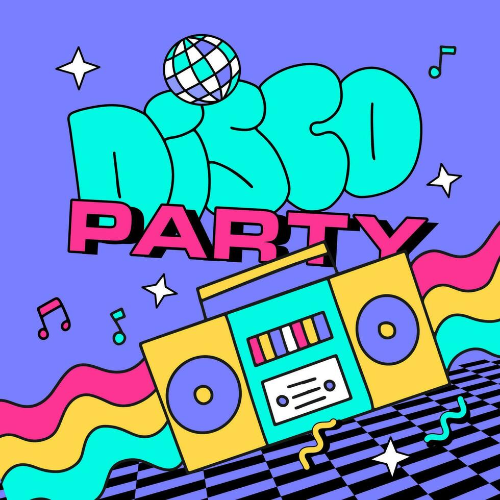 90s stijl disco partij banier sjabloon. retro muziek- poster met wijnoogst plakband cassette speler en spiegel bal funky kleurrijk ontwerp. Memphis muziek- feesten, 80s advertentie audio poster vector illustratie.