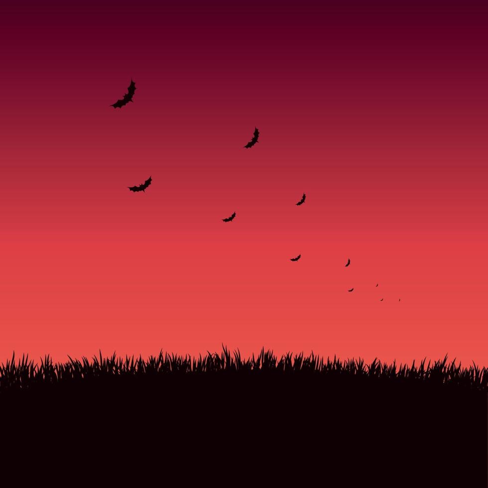 veel vleermuizen op een felrode zonsondergang vector