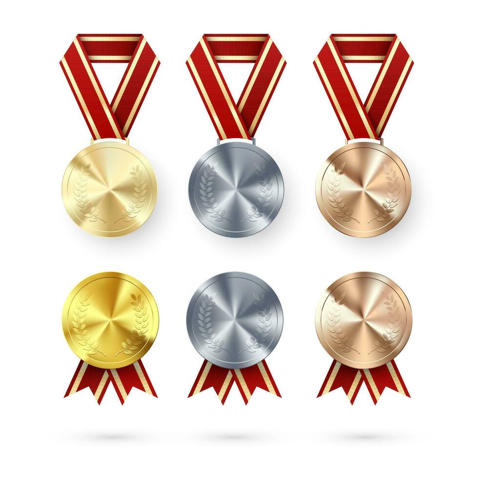 gouden zilver en bronzen medailles met laurier hangende Aan rood lintje. prijs symbool van zege en succes. medailles set. vector illustratie