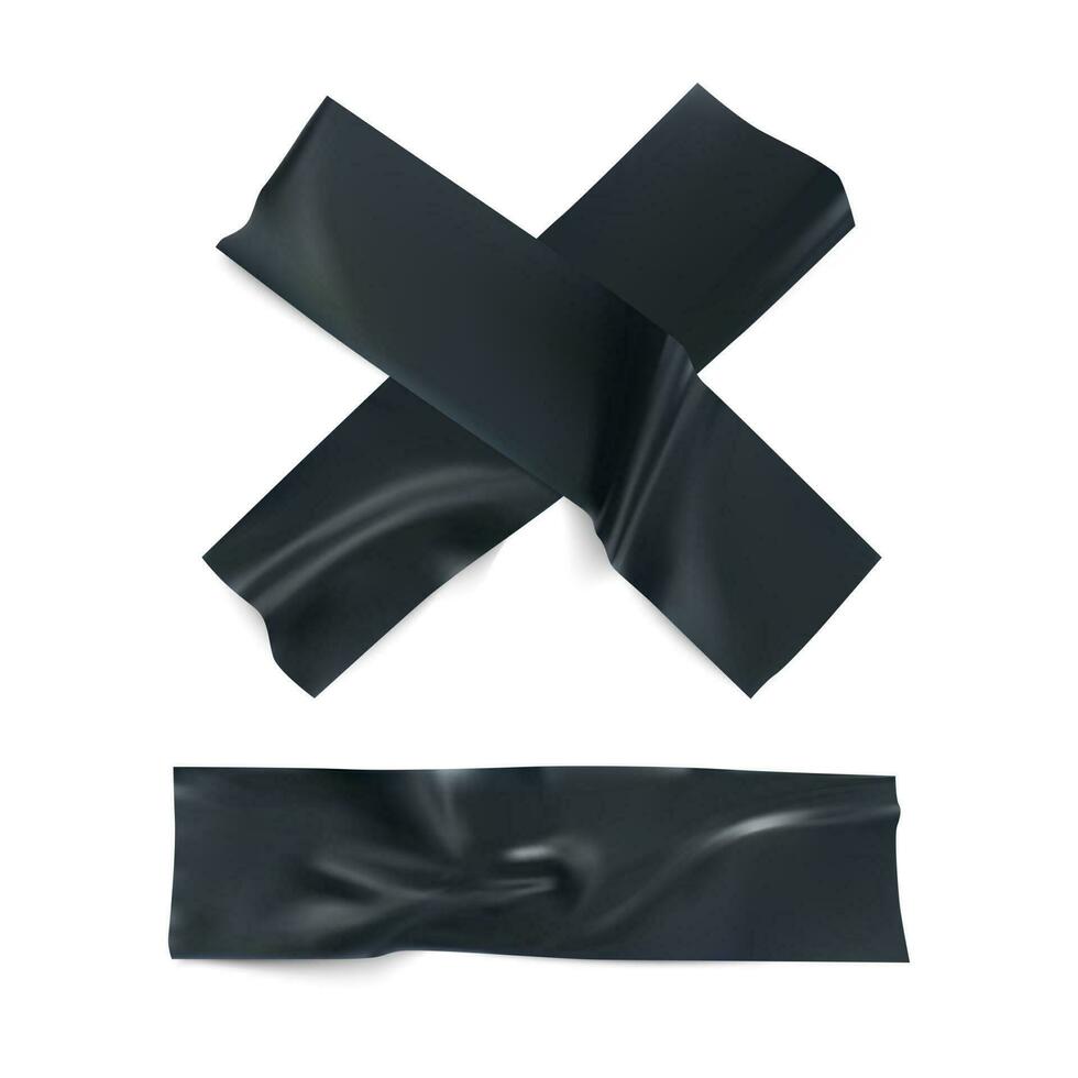 realistisch zwart glanzend isolerend plakband strip set. kleverig Scotch geïsoleerd Aan wit achtergrond. kanaal plakband stukken verzameling. vector illustratie