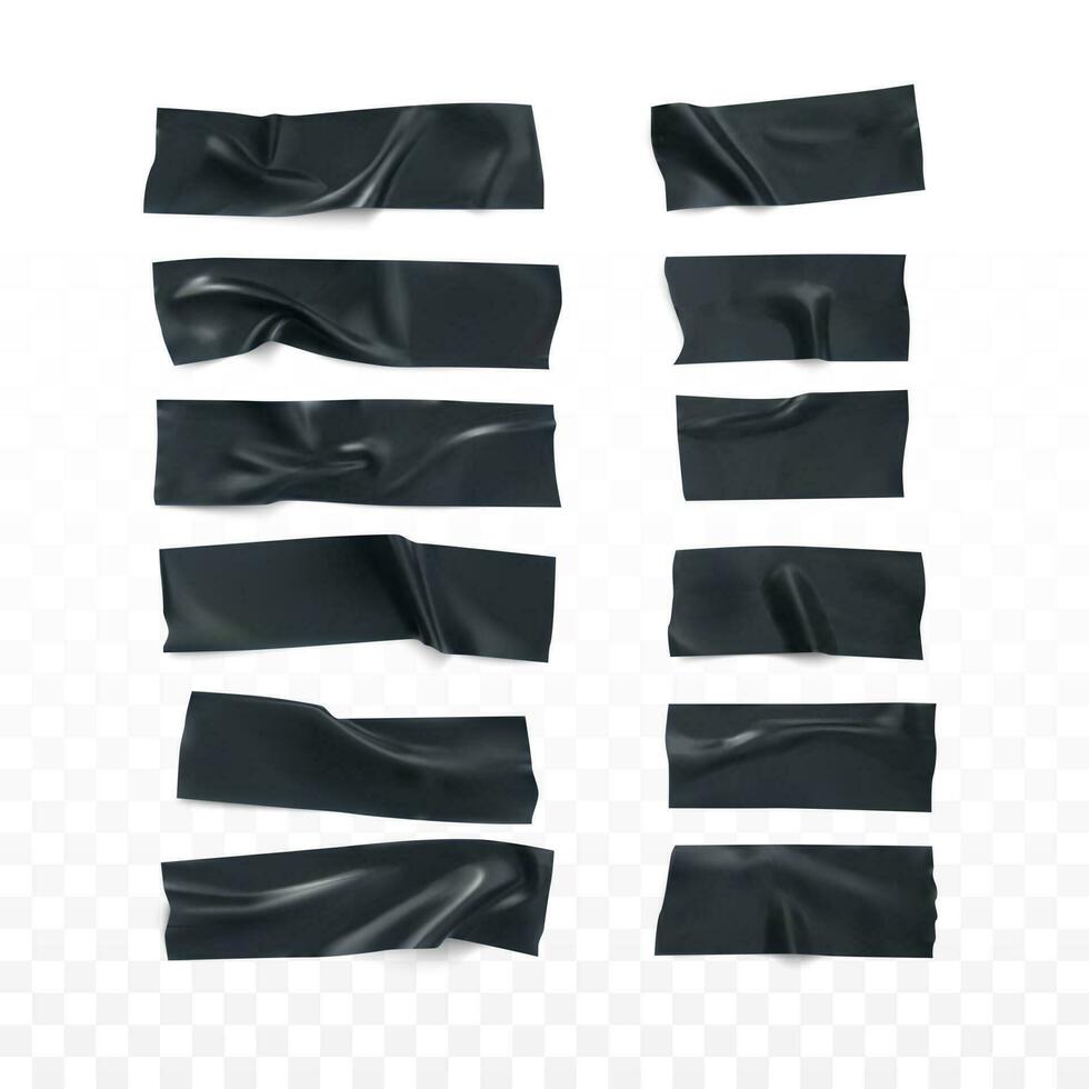 realistisch zwart gerimpeld isolerend plakband strip set. kleverig Scotch. kanaal plakband stukken verzameling. vector illustratie