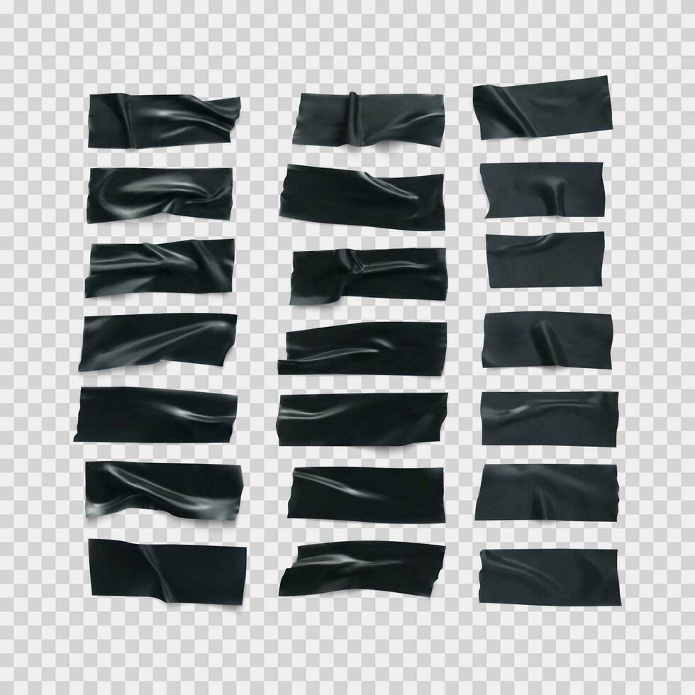 realistisch zwart glanzend isolerend plakband strip. kleverig Scotch. kanaal plakband stukken set. vector illustratie