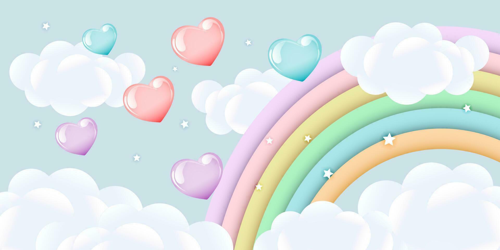 3d baby douche, regenboog met wolken en ballonnen Aan de sterrenhemel lucht, kinderen ontwerp in pastel kleuren. achtergrond, illustratie, vector. vector