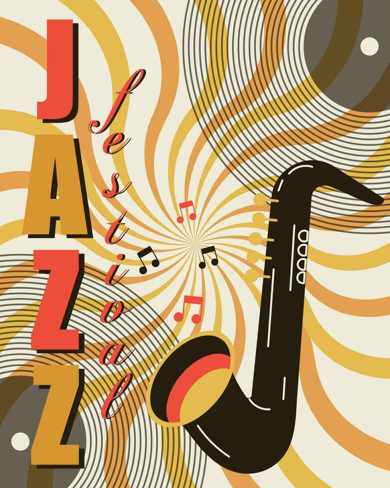 poster voor Internationale jazz- dag, jazz- festival. saxofoon met piano sleutels en notities. retro poster, banier, vector