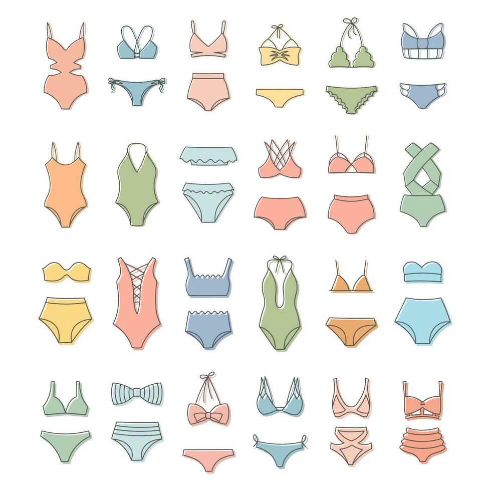 reeks van lijn tekeningen van vrouwen badmode, zwemkleding bikini Aan een wit achtergrond. vrouwen kleding pictogrammen, schetsen, vector