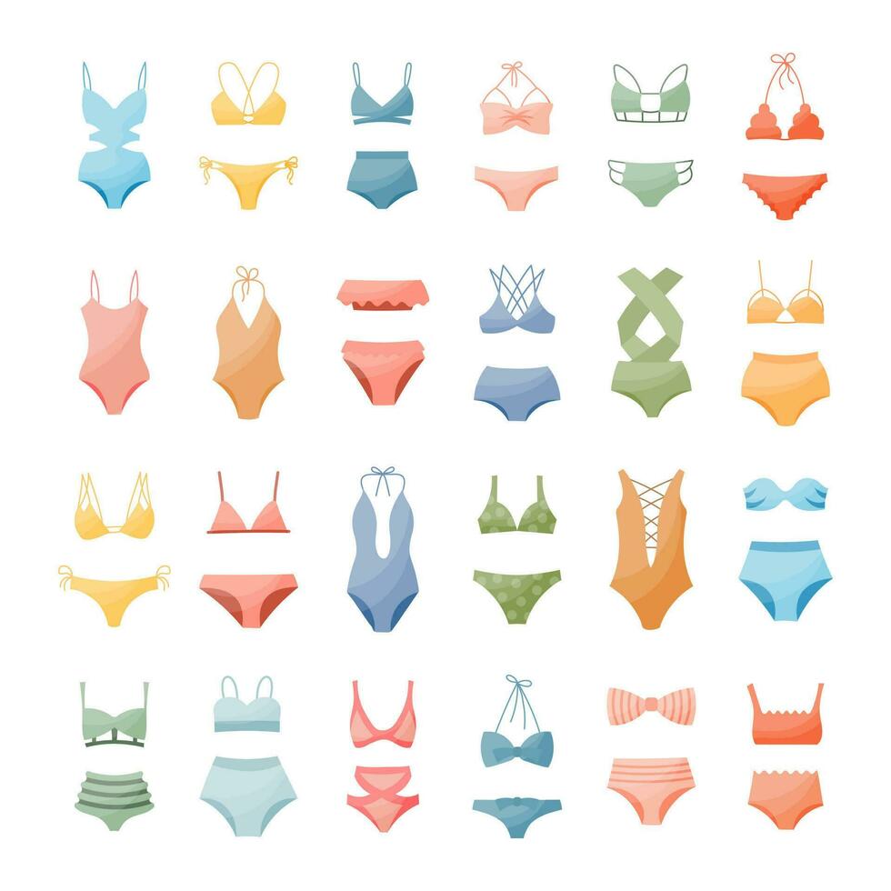 reeks van vrouwen bikini badmode, zwemkleding Aan een wit achtergrond. vrouwen kleding pictogrammen, vector