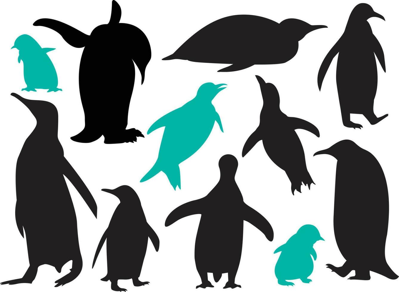 silhouetten van pinguïn zijn geïsoleerd Aan een wit achtergrond. reeks van verschillend acteren pinguïn silhouetten voor ontwerp gebruiken. vector