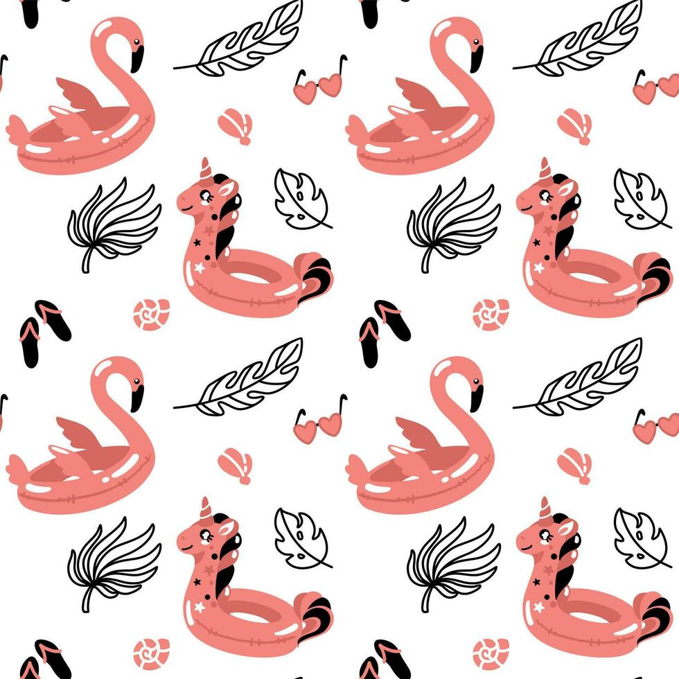 opblaasbaar flamingo's en eenhoorns, tropisch planten. zomer vakanties. naadloos patroon. vector