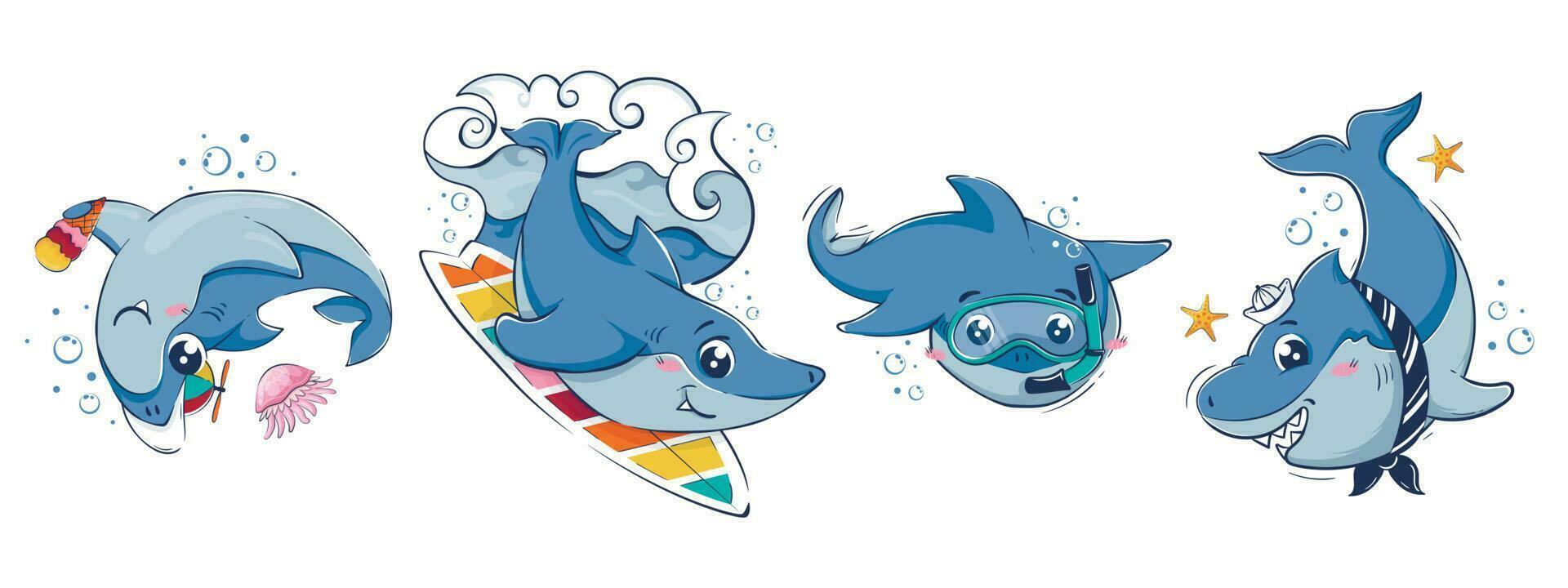 verzameling van tekenfilm grappig haaien. zomer strand tekens voor mode ontwerp, reclame. vector