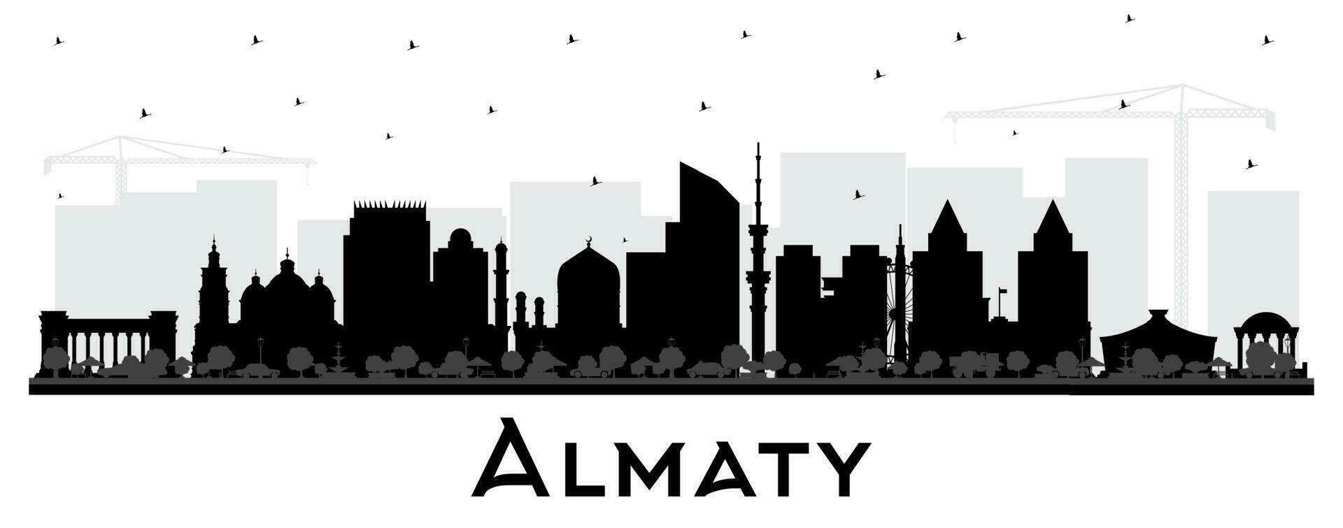 Almaty Kazachstan stad horizon silhouet met zwart gebouwen geïsoleerd Aan wit. vector illustratie. Almaty stadsgezicht met oriëntatiepunten.