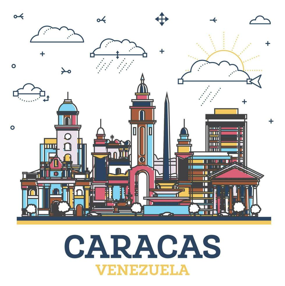 schets caracas Venezuela stad horizon met gekleurde historisch gebouwen geïsoleerd Aan wit. caracas stadsgezicht met oriëntatiepunten. vector